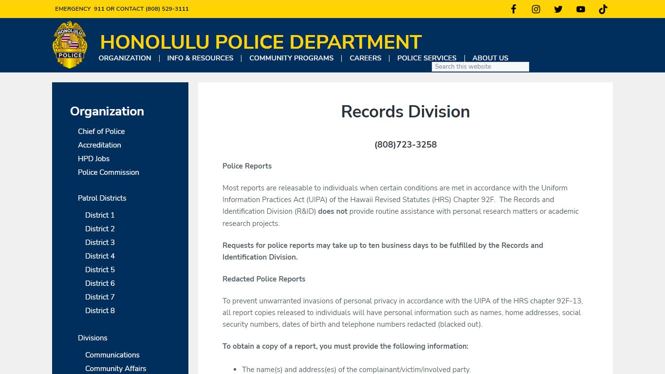 Records Division - Honolulu Police Department